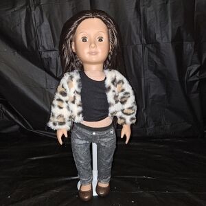 Leopard Faux Fur Doll Jacket with Black Top & Gray Pants - Kids Doll Outfit